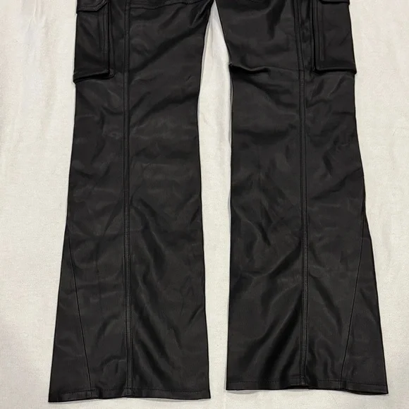 Men's Hudson Faux Leather Black Walker Kick Flare Cargo Pants New Size 30